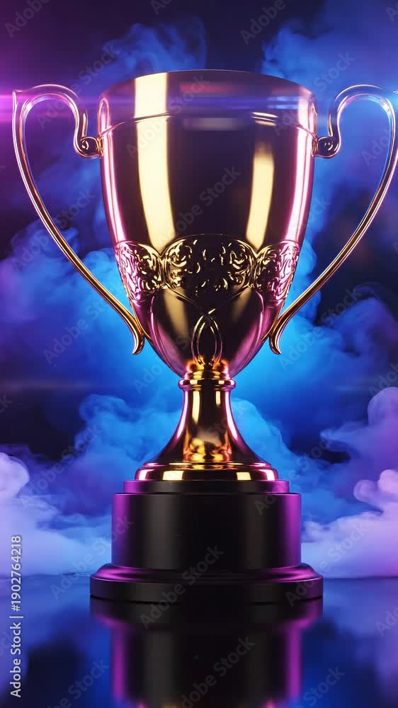 custom made wallpaper toronto digitalDetailed gold award cup with ornate patterns placed on a black stage surrounded by dense white smoke and glowing blue circular light
