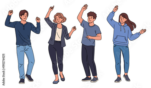 Group of diverse young adults dancing happily
