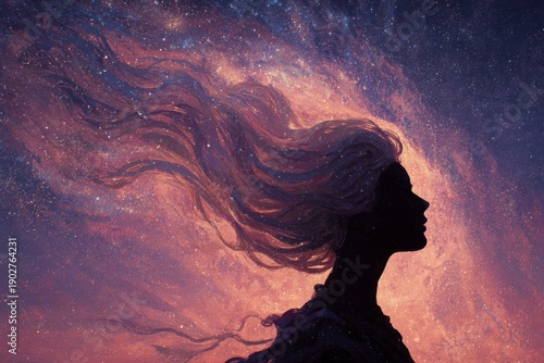 A silhouette of a woman in profile shows her hair flowing into a cosmic wave against a starry orange and purple background.