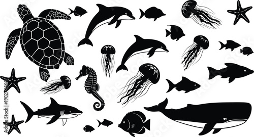 Marine life silhouette collection featuring whale shark dolphin sea turtle seahorse and jellyfish isolated on white background for ocean nature and aquatic design