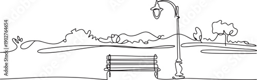city park bench lamp landscape. Park concept. Single line draw design. one line Art icon drawing vector