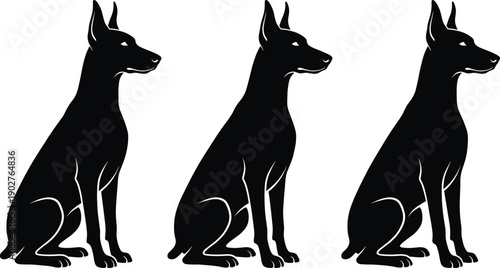 oberman Pinscher silhouette collection featuring majestic guard dog in alert sitting poses isolated on white background for domestic animal and canine nature design