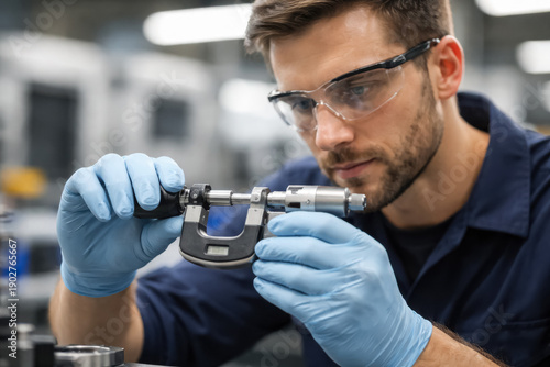 Engineer measuring precision part with micrometer in a factory, quality control and manufacturing inspection concept, generative AI