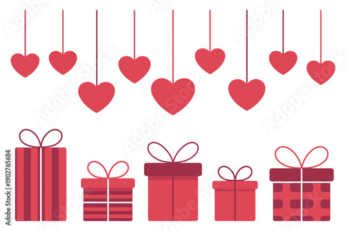 A collection of red hearts and gift boxes on a white background for Valentine's Day