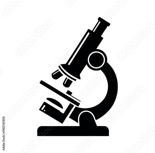 A black and white illustration of a microscope on a plain background