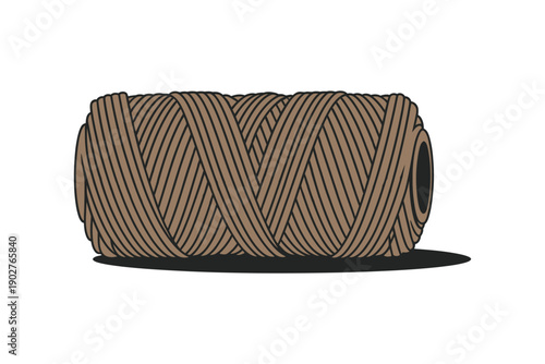 A spool of brown twine on a white background with a black shadow underneath it.