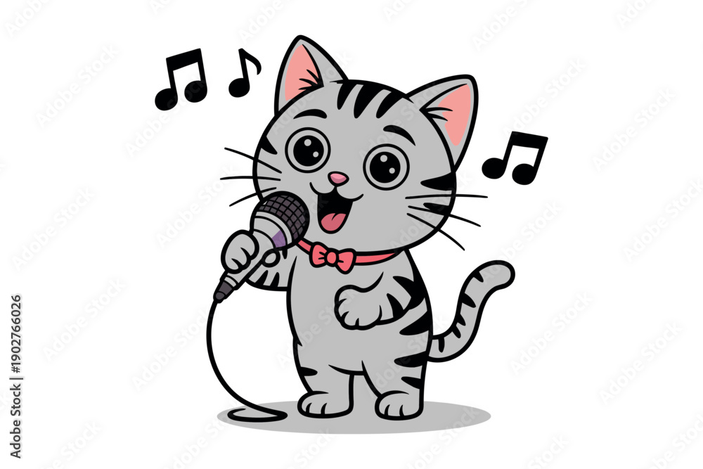 Fototapeta premium A cartoon cat enthusiastically singing into a microphone with musical notes around it.