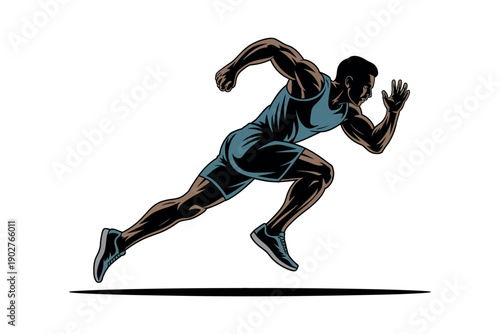 A muscular man in motion, running swiftly with determination and energy on a plain background