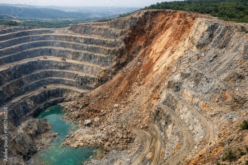 Obraz na płótnie Massive landslide and rockfall in deep open pit mining quarry. generative AI