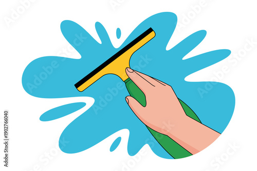 A hand holding a squeegee with a blue liquid splatter on a white background for cleaning purposes.