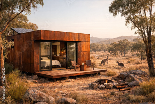 Modern sustainable eco-cabin in the Australian outback with kangaroos at sunset. generative AI