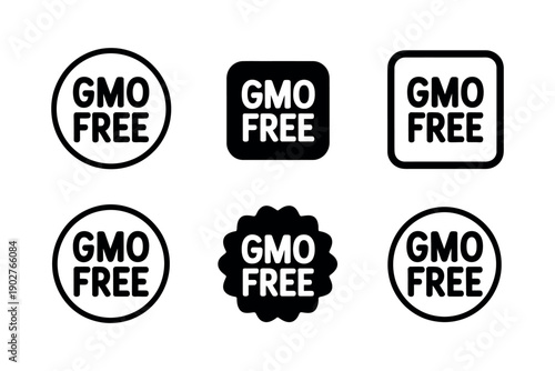 A set of GMO free labels in various shapes and designs on a white background