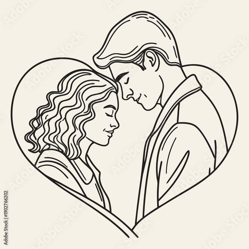 Minimalist Line Art Drawing of Romantic Couple Inside a Heart Frame