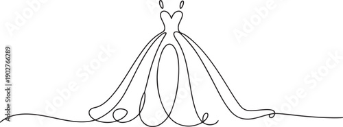 Fashion clothes symbol for bridal shop, Wedding dress in one continuous line drawing vector illustration. one line Art icon drawing vector