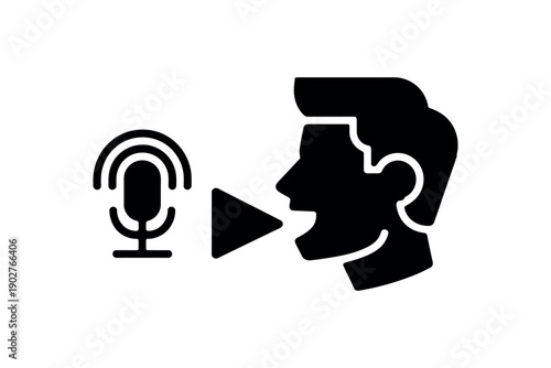 A black silhouette of a man speaking into a microphone with sound waves emanating from it.