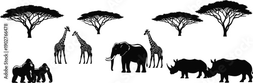 African savanna silhouette collection featuring majestic elephants giraffes gorillas and rhinoceros with acacia trees isolated on white background for wildlife nature and travel design