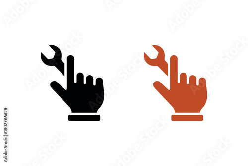 Two hands with wrenches in a service or repair context on a white background