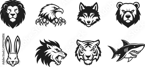 Animal mascot and head logo collection featuring powerful lion eagle wolf bear rabbit tiger and shark isolated on white background for sports branding