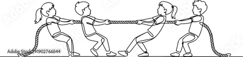 line art of children playing tug of war.group of children playing tug of war one line vector. one line Art icon drawing vector
