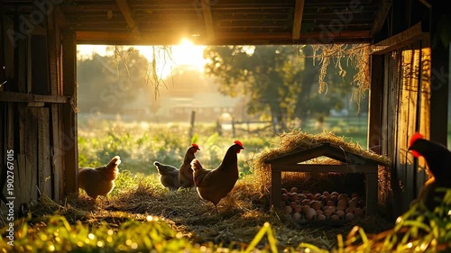 Chickens in barn at sunrise on farm. Chickens roam in a barn as sunlight streams through the open doorway. A nest with eggs sits beside them.