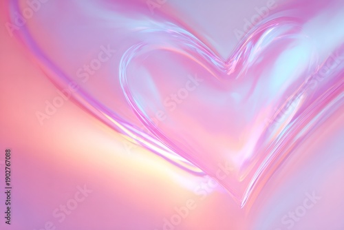 romantic photography, stylish lens distortion setup featuring a stretched pink holographic heart, smooth surface, soft overhead glow, and spacious copy area
