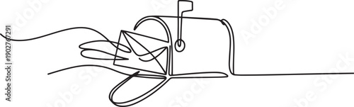Mailbox with envelopes in continuous one line drawing. Minimal hand-drawn vector illustration. one line Art icon drawing vector