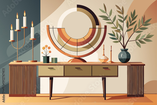 Curated modern console table decor featuring sleek candelabra abstract wooden sculpture minimalist metal disk and fresh olive branches enhancing contemporary home interior style.