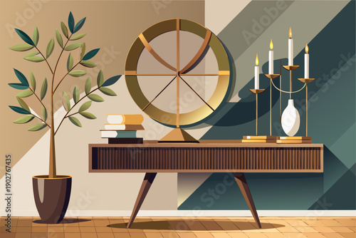 Curated modern console table decor featuring sleek candelabra abstract wooden sculpture minimalist metal disk and fresh olive branches enhancing contemporary home interior style.