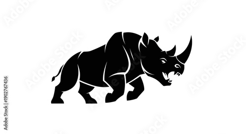 Black silhouette of a rhinoceros on white