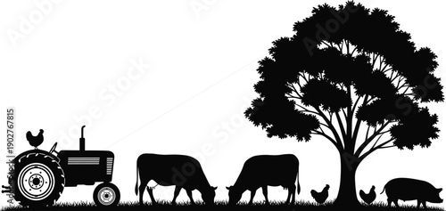 Farm landscape silhouette featuring tractor cows pig and chickens grazing under a large tree isolated on white background for rural agriculture nature design