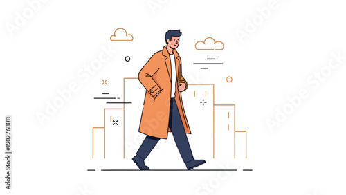 Young caucasian male in orange coat walking through cityscape illustration