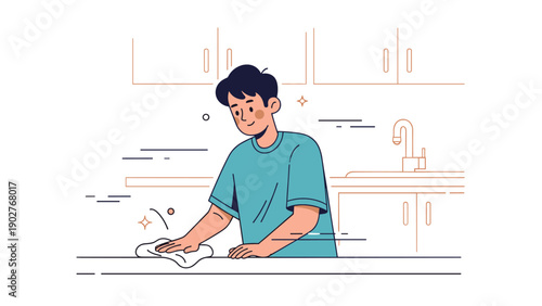 Young male caucasian cleaning kitchen counter with cloth in modern kitchen setting