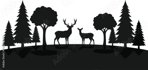 Forest landscape silhouette featuring buck with large antlers and doe standing among pine trees isolated on white background for wildlife nature design
