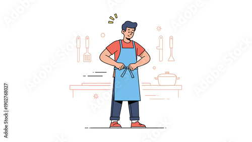 Smiling male chef cartoon with blue apron in kitchen setting