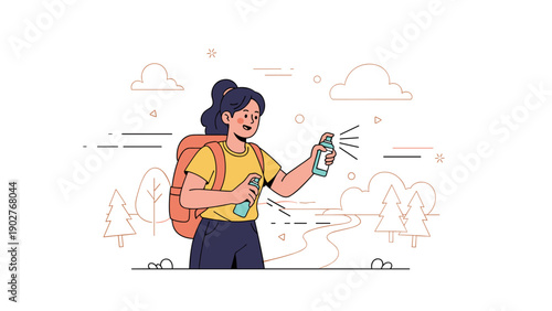 Young asian female hiker using insect repellent spray in scenic outdoors