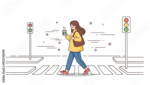 Young caucasian female walking across crosswalk holding coffee in urban setting