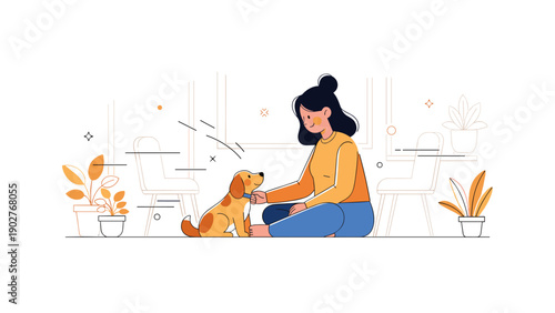 Young caucasian female playing with dog indoors amid plants and furniture