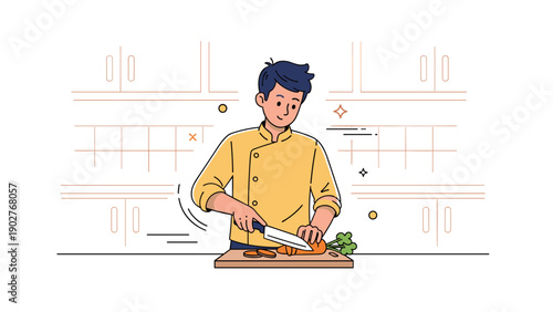Young asian male chef slicing vegetables in modern kitchen