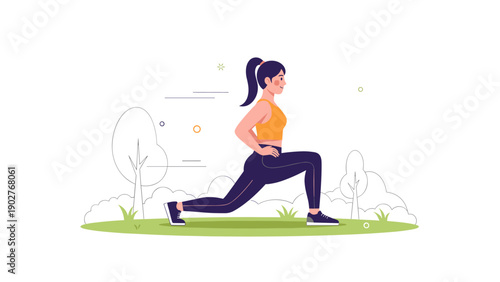 Young caucasian female exercising outdoors with lunges in park setting