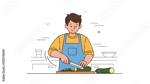 Young male cooking in kitchen: cutting vegetables with focus and skill
