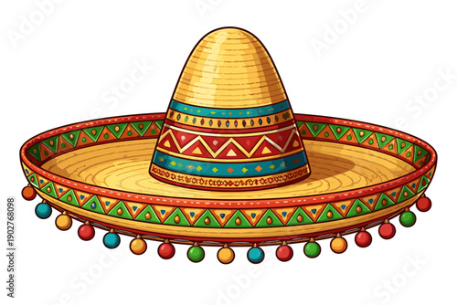 Traditional Mexican sombrero with colorful decorative band and pom-poms