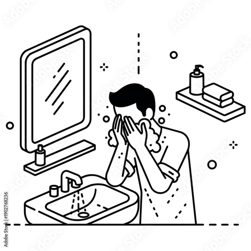 Young caucasian male washing face at bathroom sink in black and white line art