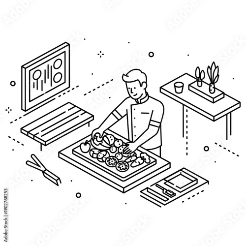 Male chef preparing vegetables in modern kitchen line art illustration