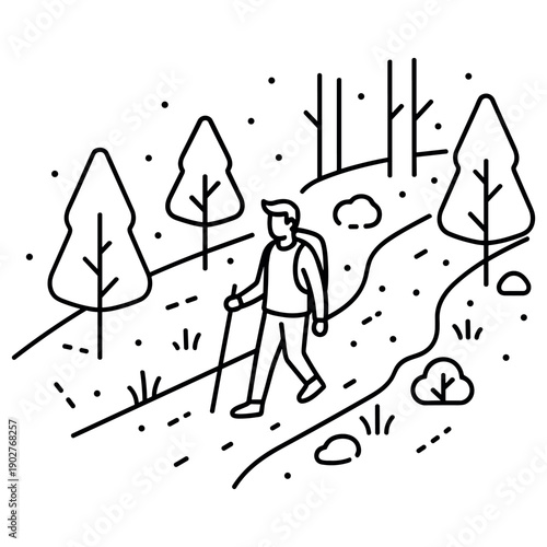 Male hiking in forest illustration with backpack and walking stick