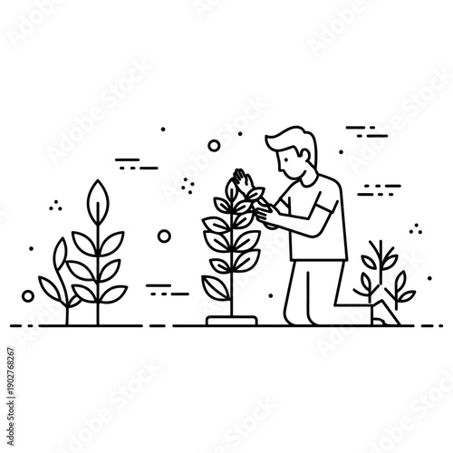 Young caucasian male gardening and caring for plants in line art style