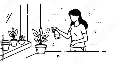 Asian female caring for indoor plants with spray bottle in minimalist setting