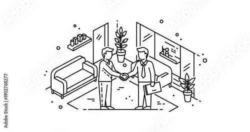 Line art: two adults shaking hands in office setting