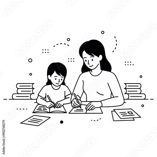 Young caucasian female teacher tutoring child in study session with books