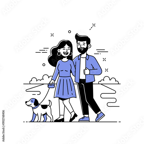 Young caucasian couple leisurely walking dog in park with smiles