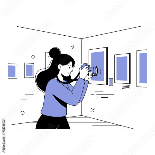 Asian female photographer capturing art in gallery exhibition